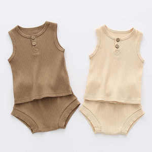Ensemble de vêtements pour bébé nouveau-né d'été, 2 pièces, <span class=keywords><strong>gilet</strong></span> et short en coton, motif uni décontracté pour bébé unisexe, fille et garçon en bas âge - Product Image 6