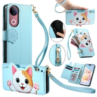 Étui portefeuille en cuir avec fermeture éclair et multiples fentes pour cartes pour Samsung Galaxy A06 A16 A26 A36 A56 5G A15 A25 A35 A55 A05 A05S, avec cordon et motif chat