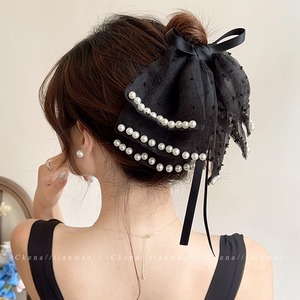 Korean style mesh hair <b>clip</b> for baby girls, new retro beaded multi-layered <b>bow</b>, small back of head shark <b>clip</b> for thicker hair. - Product Image 4