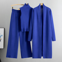 Conjunto de 3 Piezas de Punto para Mujer, Cárdigan Largo, Top Acordonado con Cuello Alto, Chaleco Sin Mangas, Pantalones Largos de Cintura Alta y Pierna Ancha, Atuendo Informal