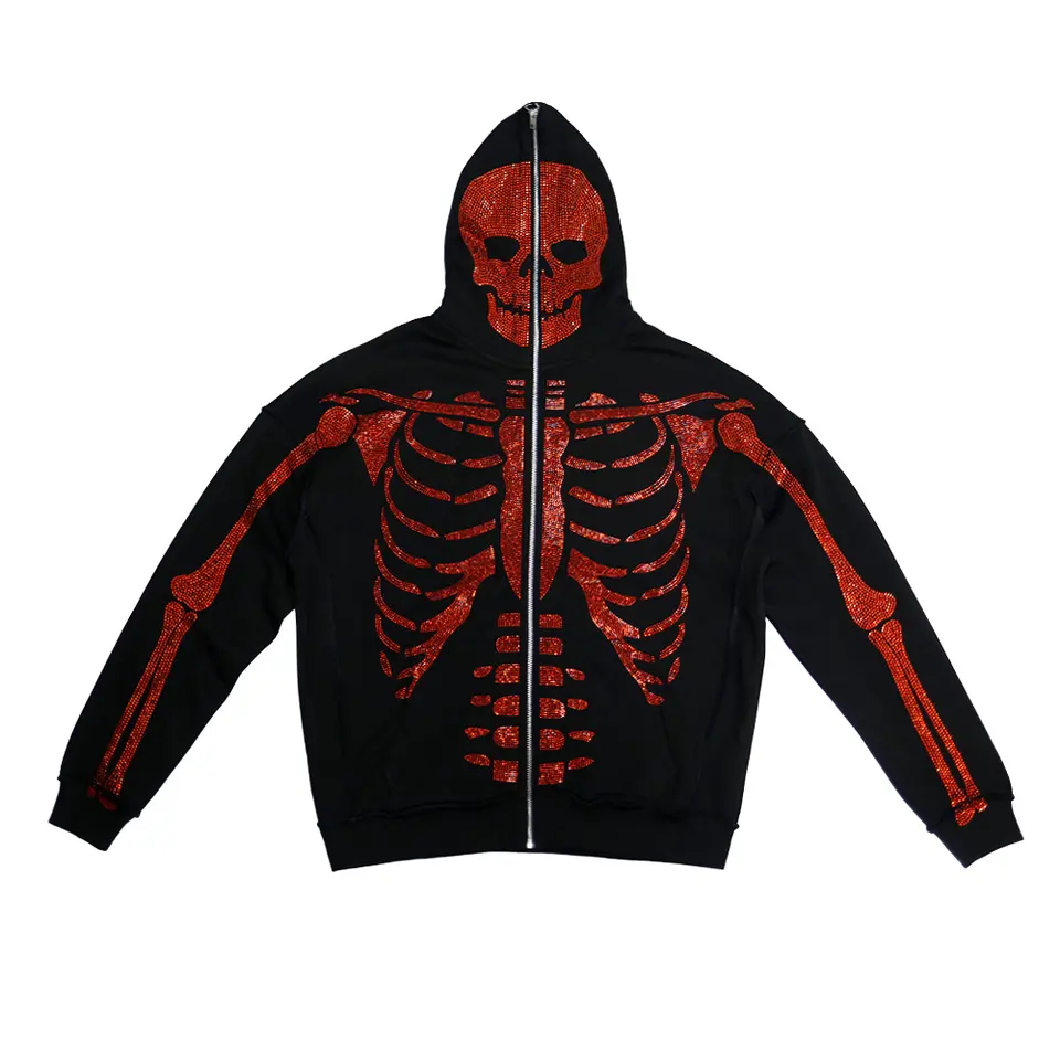 Streetwear 100% Cotton Oversized Rhinestone Full Zip Up Hoodies