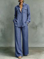 Ensemble chemise et pantalon large à jambe droite pour femme, grande taille, décontracté et polyvalent, avec ceinture à la taille, deux pièces
