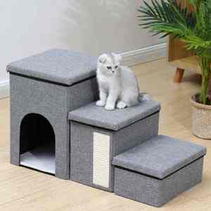 Large Capacity Flip <b>Storage</b> <b>Box</b> Foldable 3-Step Pet Stairs with Hidden Condo <b>Storage</b> - Product Image 1