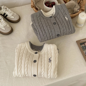 Children's <b>Cable</b> Knit Sweater Gray Beige Cotton Autumn Winter Boys Girls Matching Outfits - Product Image 3