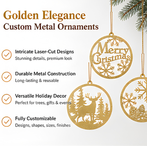 Ornamen Pohon Natal Logam Berkilau Kustom Grosir, Potongan Laser Rusa dan Kepingan Salju, Hiasan Natal Bulat, Dekorasi Liburan - Product Image 1