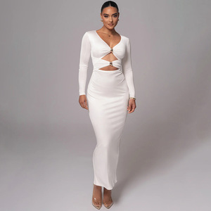 V-neck Hollow-out Long Sleeve Bodycon Dress <b>Full</b> <b>Length</b> Slim Fit Evening Dress - Product Image 3