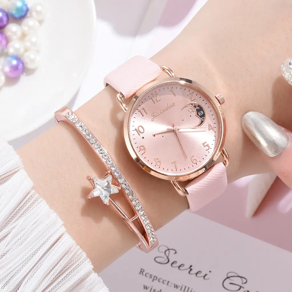 Business Women Rose Gold Bracelet Watch Leather Strap Zircon Diamond Star Cuff Bracelet Wrist Watch Gift Set
