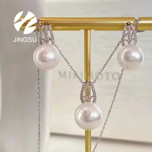 Braut party Schmuck Set neues Design 18 Karat Gold Frauen Geschenk Anhänger natürliche weiße Farbe Südsee Perle Verlobung Diamanten Ohrringe