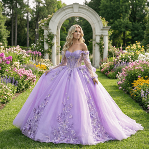 Vestido de Quinceañera Morado Dy6910, Vestido de Fiesta con Apliques de Tul, Cintura Natural, para Fiesta de Quince Años - Product Image 1