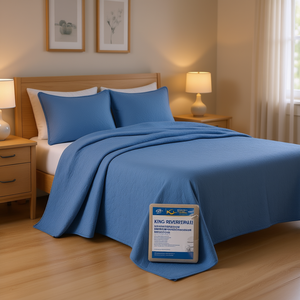 DB Reversible <b>Bedspread</b> <b>Set</b> Blue King Size Cotton Quilted Plain Pattern Bedroom Coverlet - Product Image 3
