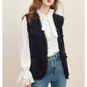 เสื้อกั๊กไหมพรมแขนยาวคอโอ แต่งพู่ ติดกระดุม สีดำ ผ้าทวีด สำหรับผู้หญิง - Product Image 2