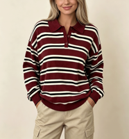 Pull en tricot rayé de style preppy pour femmes, col polo, manches longues, boutons
