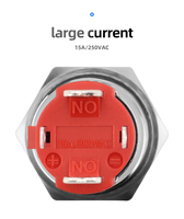 Botón Interruptor de 16 mm, IP65 Impermeable, Autobloqueante, con Luz Blanca de Alimentación, 15A, Metálico