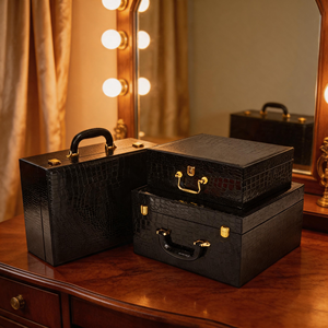 Black Crocodile-Textured <b>Storage</b> <b>Boxes</b> Set Rectangle <b>Stackable</b> Jewelry Watch Eyewear Case with Gold Hardware - Product Image 1