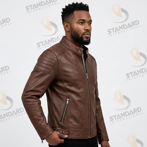 Chaqueta de Motociclista de Cuero Marrón para Hombre, Cuello Alto, Cierre de Cremallera, Corte Ajustado, Moda de Lujo, Ropa de Otoño - Product Image 2