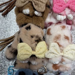 Porte-<span class=keywords><strong>clés</strong></span> de voiture en fourrure de lapin Rex véritable de 15 cm, pendentif en peluche, lapin à pois diamantés, lapin arc-en-ciel, breloques pour sac avec un joli nœud - Product Image 3