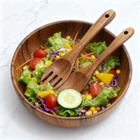 Set peralatan makan datar kayu pernis alami, Set sendok Salad sayuran warna cokelat panjang 25cm, sendok garpu tangan
