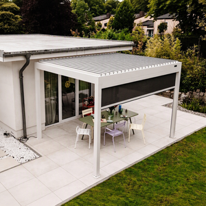 Pergola motorisée en aluminium à lames orientables blanches 3x3m avec éclairage LED sur <span class=keywords><strong>poutre</strong></span>, fixation murale pour patio, jardin, cour, terrasse, abri - Product Image 1