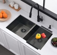 Évier de cuisine en acier inoxydable noir à double bac de 33 pouces, standard américain, fait main, à encastrer sous plan avec égouttoir