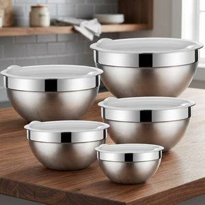 Ensemble de 5 bols mélangeurs en acier inoxydable écologique non revêtu, personnalisables, avec base antidérapante, pour salades, légumes et aliments - Product Image 2
