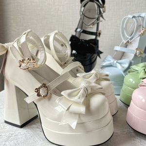 Cream Patent Leather Platform Heels <b>With</b> <b>Bow</b> And Buckle Strap Closed Toe Height Increasing <b>Shoes</b> - Product Image 1
