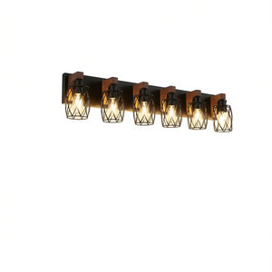 Aplique de Pared Industrial Vintage de 7 Luces, Negro, con Detalles en Madera de Nogal, Bombilla E26 No Incluida, para Baño, Pasillo, Sala de Estar - Product Image 1