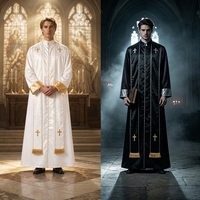 Costume de Prêtre pour Homme, Robe Soutane Romaine en Satin, Broderie Croix Argentée et Dorée, Tenue de Scène pour Halloween