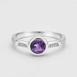 Amethyst 925 Sterling Silver <b>Ring</b> - Round Bezel Solitaire on Beaded <b>Split</b> Shank - Product Image 5