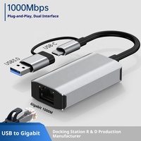Adaptador USB Tipo C a RJ45 Gigabit Ethernet de 1000Mbps, Aleación de Aluminio, Accesorio Externo con Cable para Computadora Portátil