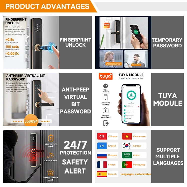 Best-selling Aluminum Alloy Tuya WiFi Smart Door Lock Fingerprint Recognition for Indoor Wooden Steel Glass Doors Cloud Support · image 6
