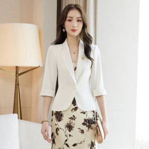 White Mid Sleeve Blazer For Women Summer Slim Fit Casual Short Jacket Solid Color Splicing Design - Product Image 1