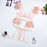 Ensemble de lingerie sensuelle en dentelle transparente avec chaîne, 3 pièces, jarretelles, costumes érotiques