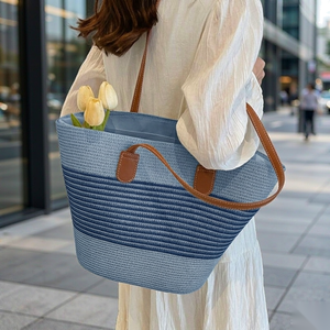 Trendy Straw Lady Elegant Woven Handbag Solid Color Open Closure Large Tote <b>Bag</b> for Daily & <b>Work</b> Use Polyester Lining - Product Image 1