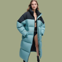 Manteau matelassé pour femme en duvet de canard blanc 90% ODM, avec blocs de couleur personnalisés OEM, long, à capuche, pour l'hiver, de créateur, fabrication usine