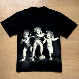 เสื้อยืดแขนสั้นแฟชั่นลำลองผู้ชาย ผ้าฝ้าย 100% 260 กรัม พิมพ์ลายดาวนรกสไตล์วินเทจสวยงาม แบบถัก - Product Image 1