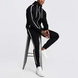 Factory wholesale customized men's hooded side stripe black cotton fleece jogging sportswear