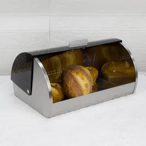 Caja para tostar con tapa y bisagras, contenedor de pan de almacenamiento de acero inoxidable, color negro brillante