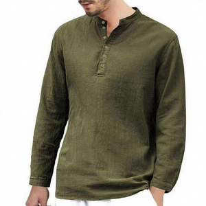 Chemise décontractée pour homme en lin et coton satiné tricoté respirant, anti-plis, à col rabattu, manches longues, boutonnage simple, couleur unie, idéale pour l'été - Product Image 1