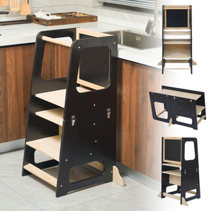 Tabouret de cuisine pliable 4-en-1 en bois pour tout-petits, tour d'apprentissage avec tableau noir pour enfants - Product Image 1