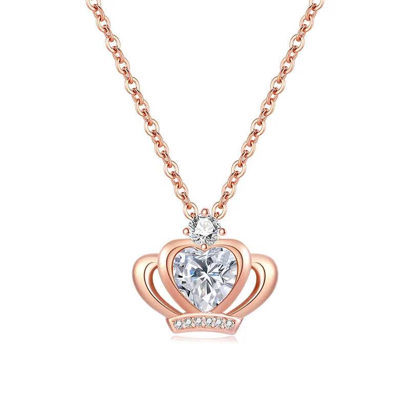 White Gold Plated Queen Princess Crown Pendant with Heart Shaped Swarovski Element Crystal Necklace Fashion Jewelry for Girls