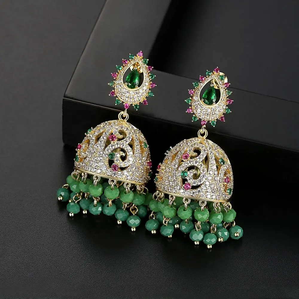 Hoa Tai Jhumka Ấn Độ Cổ Điển, Trang Sức Thời Trang Hoa Tai Hình Giọt Nước Mắt Đính Đá Zirconia Sang Trọng Trang Sức Dự Tiệc Cho Nữ