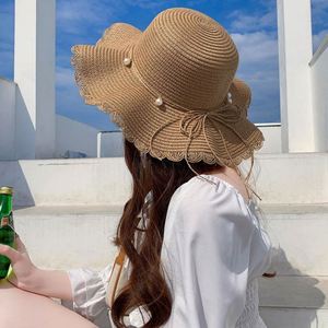 Female Summer Wave Brimmed Pearl Straw Hat <b>Sunscreen</b> Beach Sun Hat for Women Outdoor Sports Travel - Product Image 1