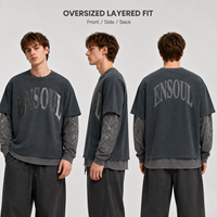 T-shirt à manches longues épais et superposés pour hommes, personnalisé par les fabricants, avec broderie de patchs et lavage à l'acide, col ras du cou gaufré