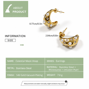 Boucles d'oreilles créoles en forme de croissant avec perles et strass, en acier inoxydable plaqué or 14 carats sous vide, imitation perle - Product Image 2
