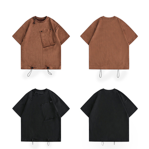 Camiseta KingSen de Manga Corta con Cordón Ajustable en el Bajo, Estilo Vintage, de Gamuza Sintética, Hombros Caídos, Corte Holgado, con Bolsillo - Product Image 1