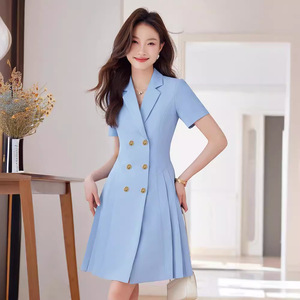 Blue Short Sleeve Suit Dress For Women Fit And Flare Double Button Career Dress Summer 2024 Solid Color Polyester Woven - Product Image 1