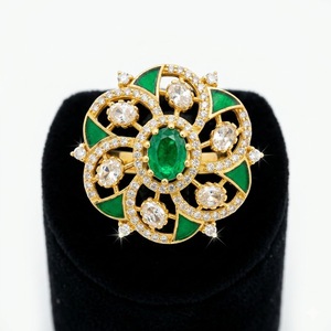 Luxury 925 <b>Silver</b> <b>Emerald</b> Kundan Statement <b>Ring</b> Gold Adjustable Floral Jewelry for Women Party Wear Fashion - Product Image 1
