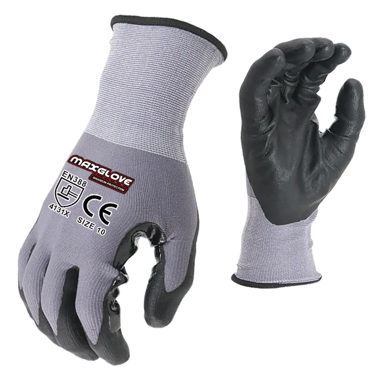 MaxiPact prezzo favorevole 15G Nylon Spandex guanti di sicurezza sul lavoro nero NBR Patch guanti in schiuma di Nitrile sabbioso rivestiti con palmo