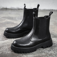 Bottes noires extra larges mi-mollet pour hommes, à semelle épaisse, bout renforcé, fermeture à enfiler, tige en cuir de vachette double couche, respirantes et antidérapantes