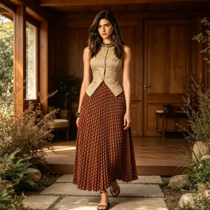 Conjunto de Diseñador Elegante de Dos Piezas al por Mayor de China 2026: Blazer sin Mangas con Broche y <span class=keywords><strong>Falda</strong></span> Midi Plisada con Estampado de Puntos - Product Image 3